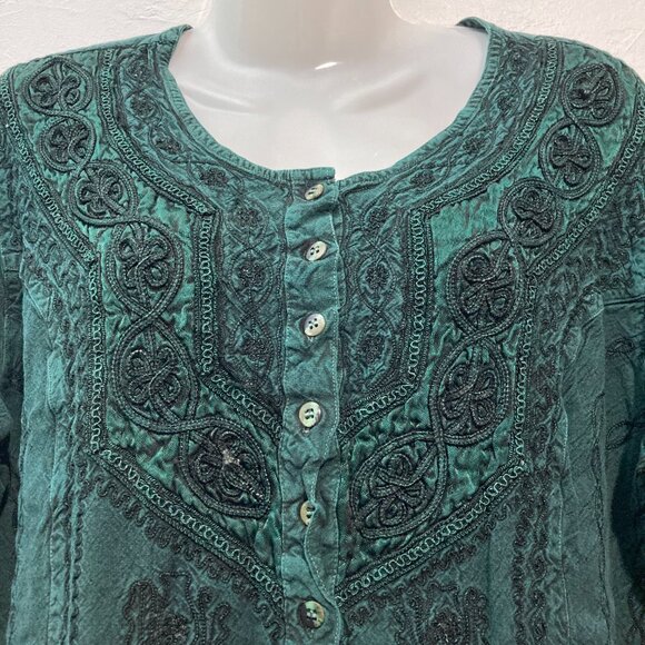 L Pogee Womens Button U Top Long Sleeve Embroidered Boho Blouse Green Tie Back - Picture 4 of 11